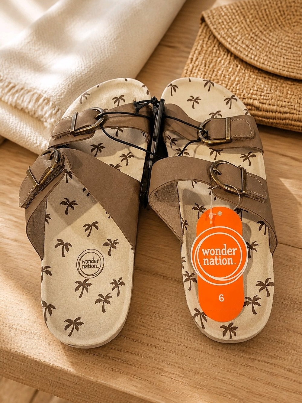 Wonder Nation Brown Palm-Print Slide Sandals